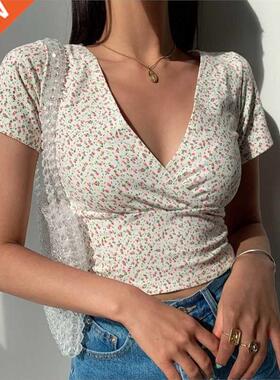 Summer French retro floral V-neck ort-sleeved T-irt Slim