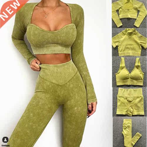 1/2/3PCS Ribbed Washed Seamless Yoga Set Crop Top Women Shir