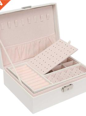 Two-Layer Leather Jewelry Box Organizer Earrings Rings Neckl