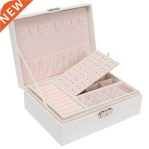 Two-Layer Leather Jewelry Box Organizer Earrings Rings Neckl