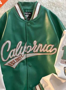 American retro letter embroidery leather jackets coats women