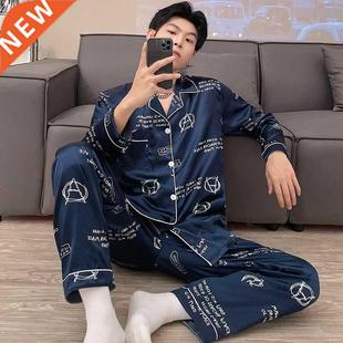 2022 Summer Long Sleeve Silk Satin Print Pajama Sets for Men