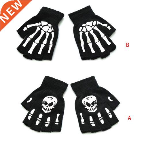 Kids Halloween Cosplay Skeleton Half Finger Gloves Luminous