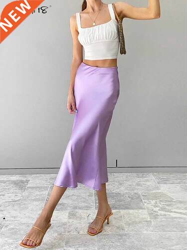 Mnealways18 Solid Purple Satin Silk Skirt Women High Waisted