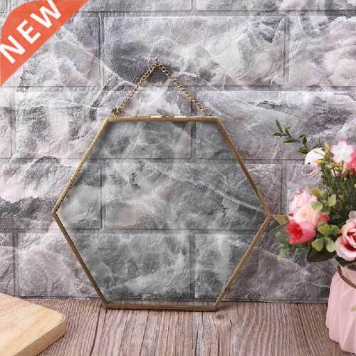 Hexagon Floating Hanging Photo Frame Metal Glass Portrait