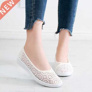 Summer Casual Flats Shoes Woman Hollow Outs Breathable White