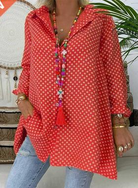 lus Size Women V Neck olka Dot Shit Tos Long Sleeve Loos