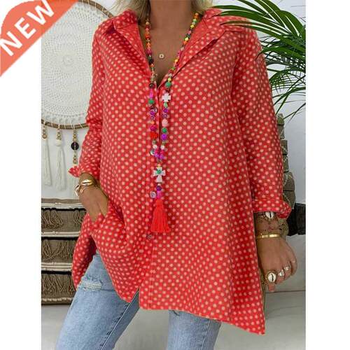 lus Size Women V Neck olka Dot Shit Tos Long Sleeve Loos