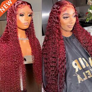 30 40 Inch 99j Burgundy Deep Wave 13x4 Lace Front Human Hair