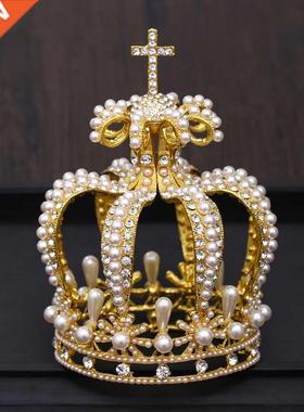 Bridal Crown Headdress Baroque Crystal Pearl Crown Gold Roun