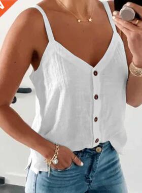 Black V-neck Button Tee irts Women Summer Y2K Clothes Spag