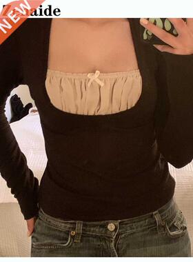 Zenaide 2021 Autumn Patchwork Faion Vintage T irt Black