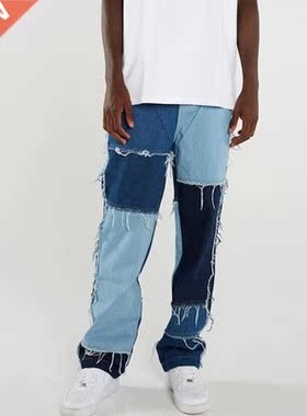 Men Wash Splice Casual Straight Tassel Patchwork Jeans Trous