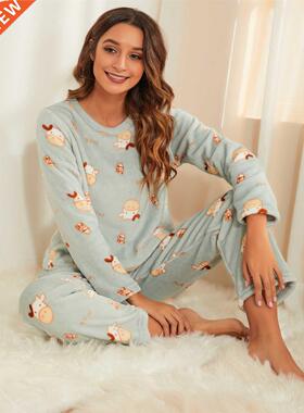 Autumn Winter Warm Flannel Pajama Sets Women Cute Cow Printe