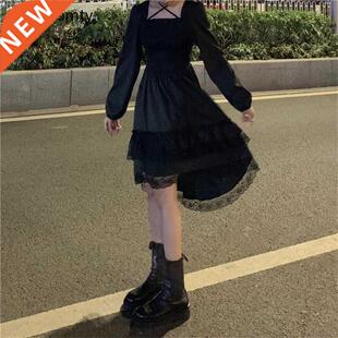 New Gothic Women Black Fairy Party Dress Cross Square Collar