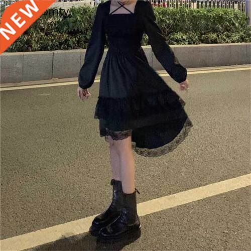 New Gothic Women Black Fairy Party Dress Cross Square Collar