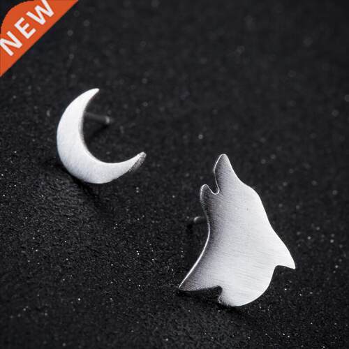 Jisensp Unique Lovely Wolf and Moon Stud Earrings for Women