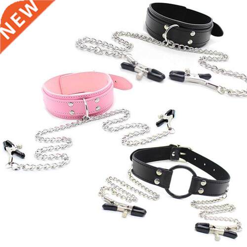 New Leather Choker Collar With Nipple Breast Clamp Clip Chai