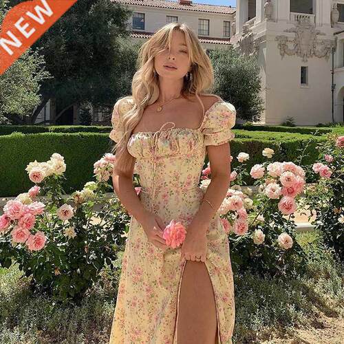 Fashion Floral Printed Summer Dress 2021 Women Puff Short Sl