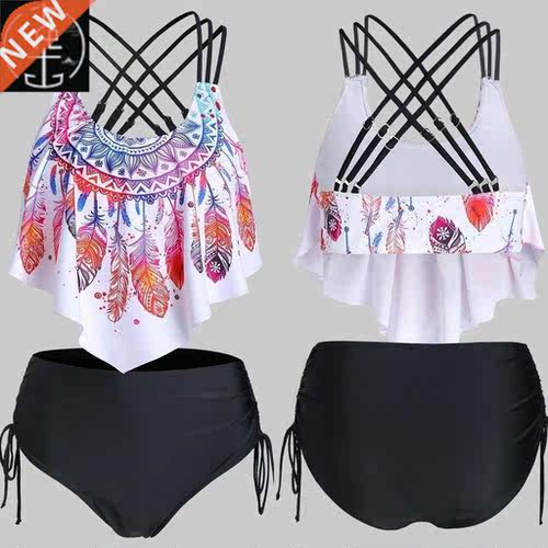 Plus Size Tankini Swimsuits Women Feather Print Push-up