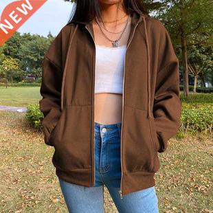 Brown Zip Up Hooded Sweatshirts Women 2021 Vintage Pockets O