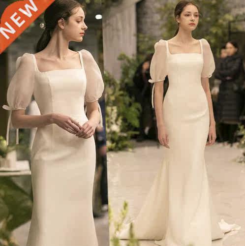 2021 New Elegant Simple Slim Square Neck Satin Korean Vintag