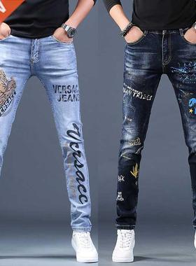 Mens sretch denim print pants jeans Korea slimming rendy cas
