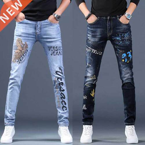 Mens sretch denim print pants jeans Korea slimming rendy cas