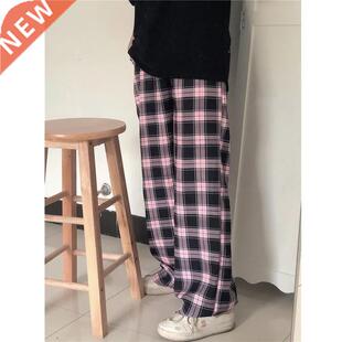 Black and pink Plaid pants Oversize New Women Casual Loose W