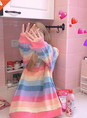 Women's Jacket Autumn Winter Rainbow Striped Long-sleeved Ho