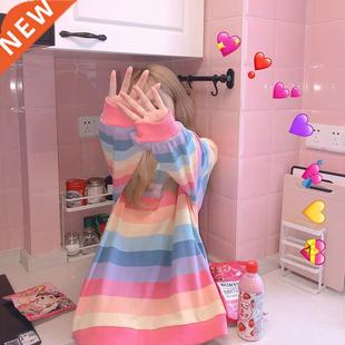Women's Jacket Autumn Winter Rainbow Striped Long-sleeved Ho