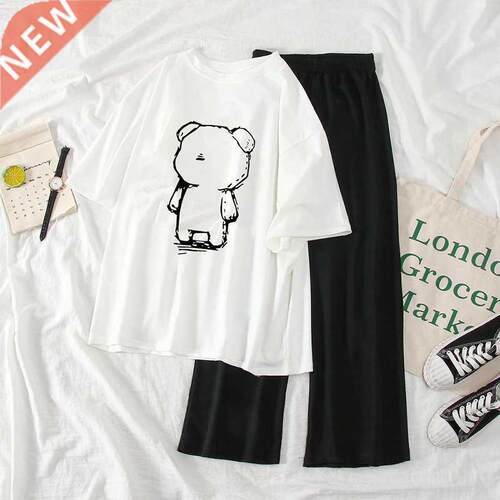 Single/set women's summer Korean short-sleeved bear print wi