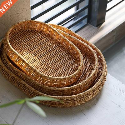 Handwoven Rattan Storage Tray Oval Wicker Basket Bread Food