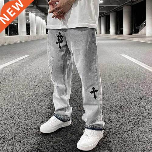 Ripped Retro Hole Cross Embroidery Casual Denim Trousers Men