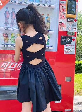 Young Girls Elegant Goth Dresss Black Sleeveless Tutu Dress