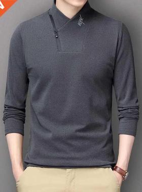 2021 New Men T-Shirt Long Sleeve Tops Solid Zipper Mock Neck