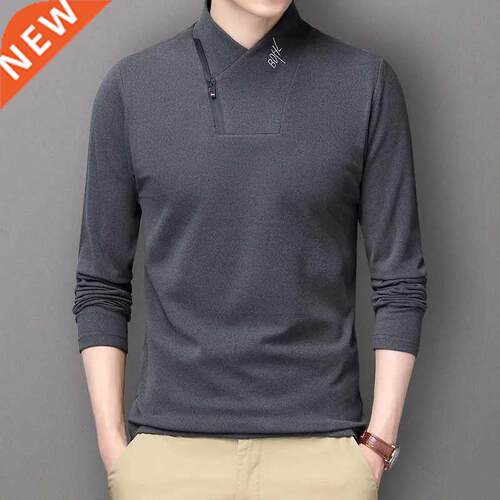 2021 New Men T-Shirt Long Sleeve Tops Solid Zipper Mock Neck