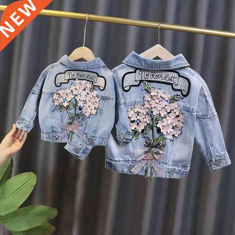 Spring Autumn Kids Denim Jackets for Girls Baby Flower Embro图片