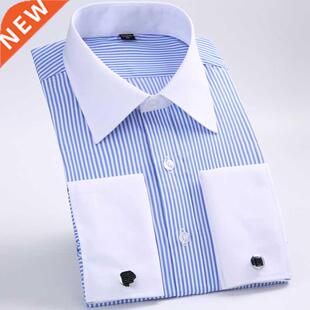 Men's Classic French Cuffs Striped Dress Shirt Single Patch
