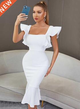 荷叶边喇叭绷带连衣裙名媛俱乐部婚礼派对连衣裙 party dress