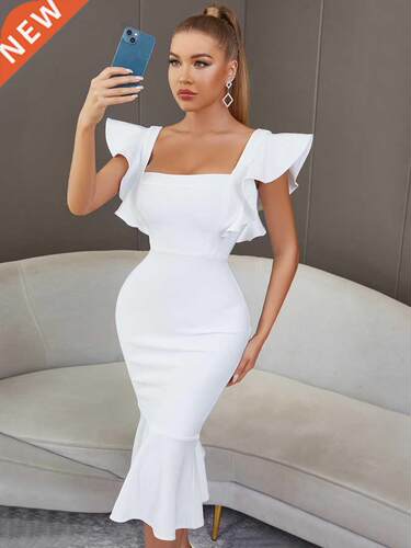 荷叶边喇叭绷带连衣裙名媛俱乐部婚礼派对连衣裙 party dress