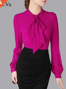 100% Natural Silk Women Blouse Tops Elegant Bow O-neck Long