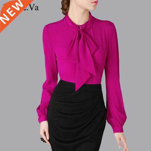 100% Natural Silk Women Blouse Tops Elegant Bow O-neck Long