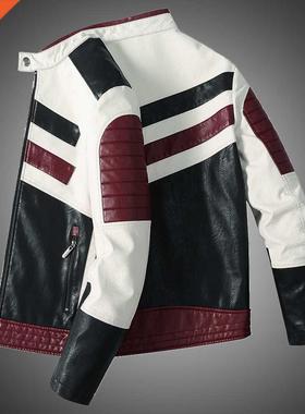 Mens Motorcycle Jacket Leather Strped Patchwork PU Leather