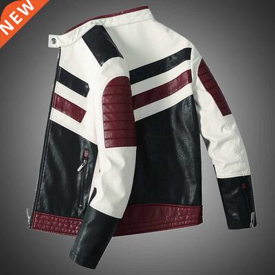 Mens Motorcycle Jacket Leather Strped Patchwork PU Leather