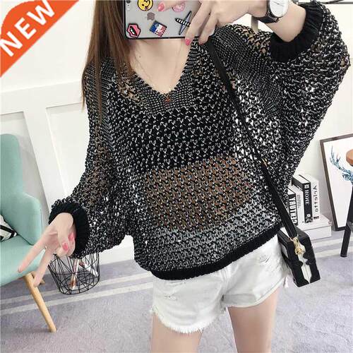 Casual Loose Korean Style Women Tops Hollow O-neck Long Slee