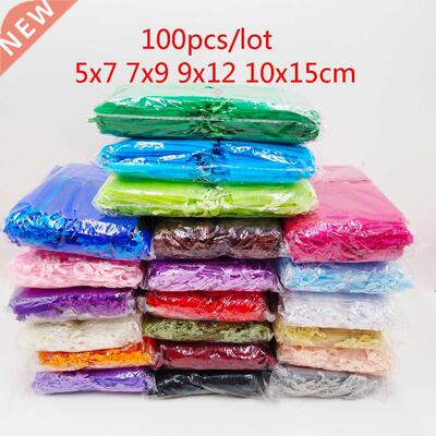 100pcs Organza Bag 5x7 7x9 9x12 10x15cm Jewelry Packaging Or