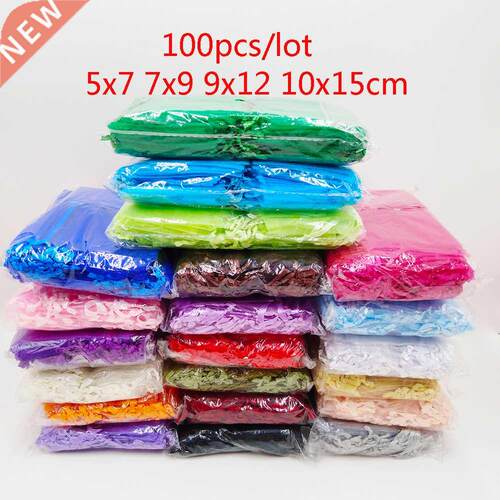 100pcs Organza Bag 5x7 7x9 9x12 10x15cm Jewelry Packaging Or