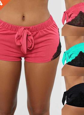 Sports Shorts Women Fashion Lace Patchwork Elastic Fitness P