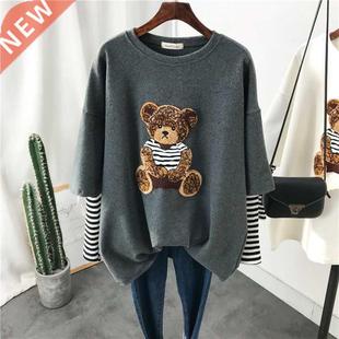 Women Long Sleeved Cotton T-shirt Summer Bear Embroidered Ca